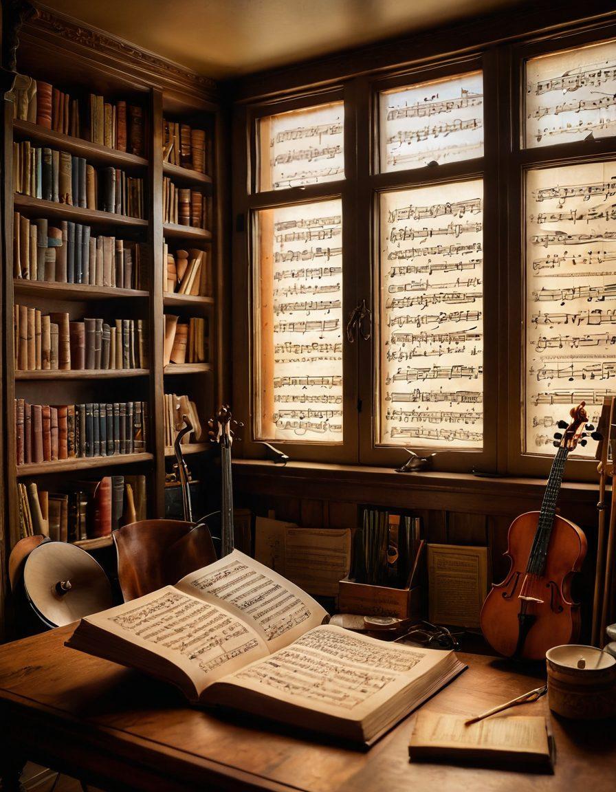 A beautifully illuminated manuscript page depicting historical musical notes and instruments, surrounded by a vibrant collage of modern musicians playing various genres. The background features a cozy, inviting study filled with books on music theory and records, showcasing a harmonious blend of the past and present. Soft light filters through a window, creating a warm atmosphere. super-realistic. vibrant colors. cozy interior.