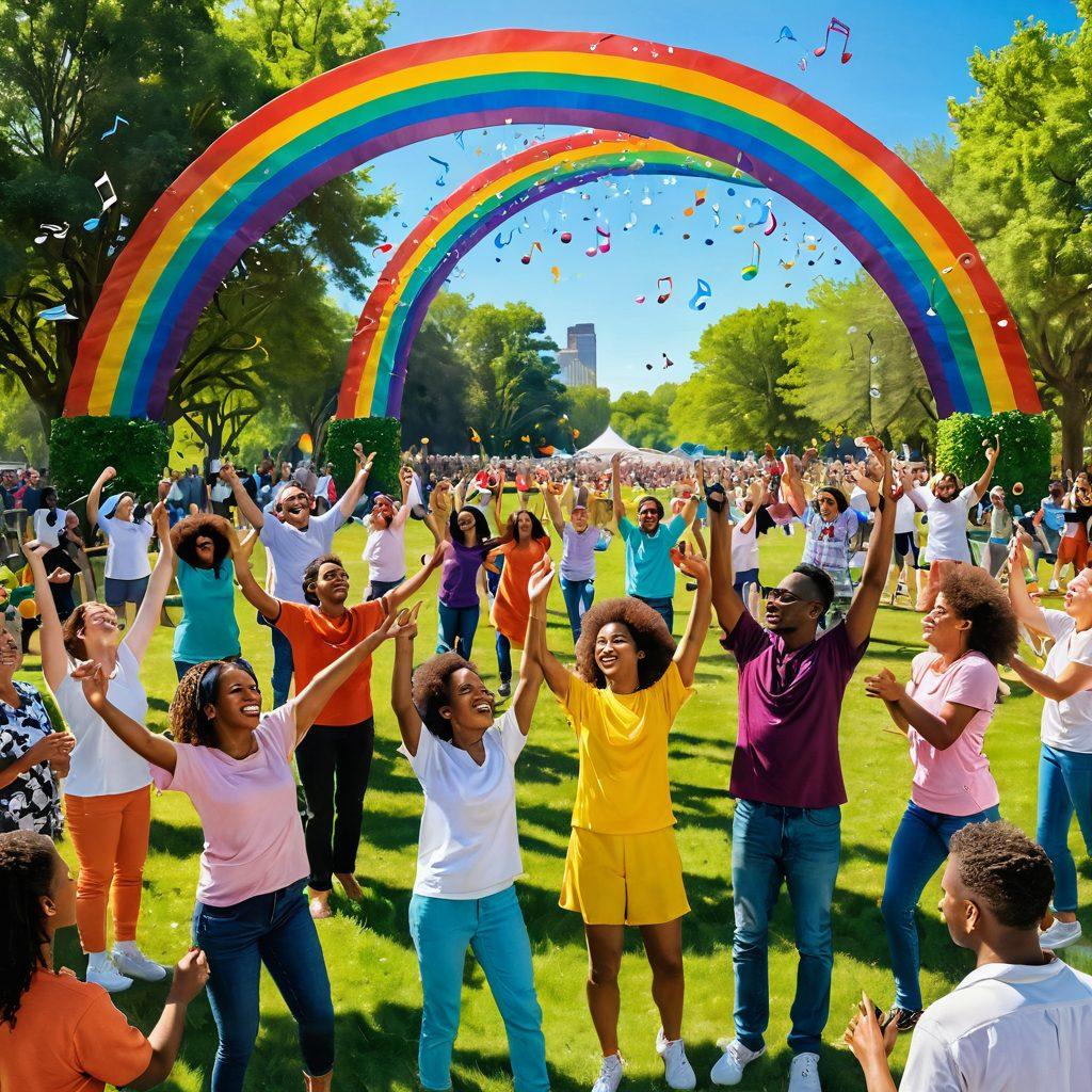 A vibrant scene of a diverse group of people joyfully listening to music in a sunlit park, surrounded by colorful flowers and musical notes floating in the air. The individuals, representing different cultures, are engaging in dance, laughter, and vibrant conversations, embodying the essence of happiness through music. A whimsical rainbow arches over them, enhancing the joyful atmosphere. super-realistic. vibrant colors. whimsical style.