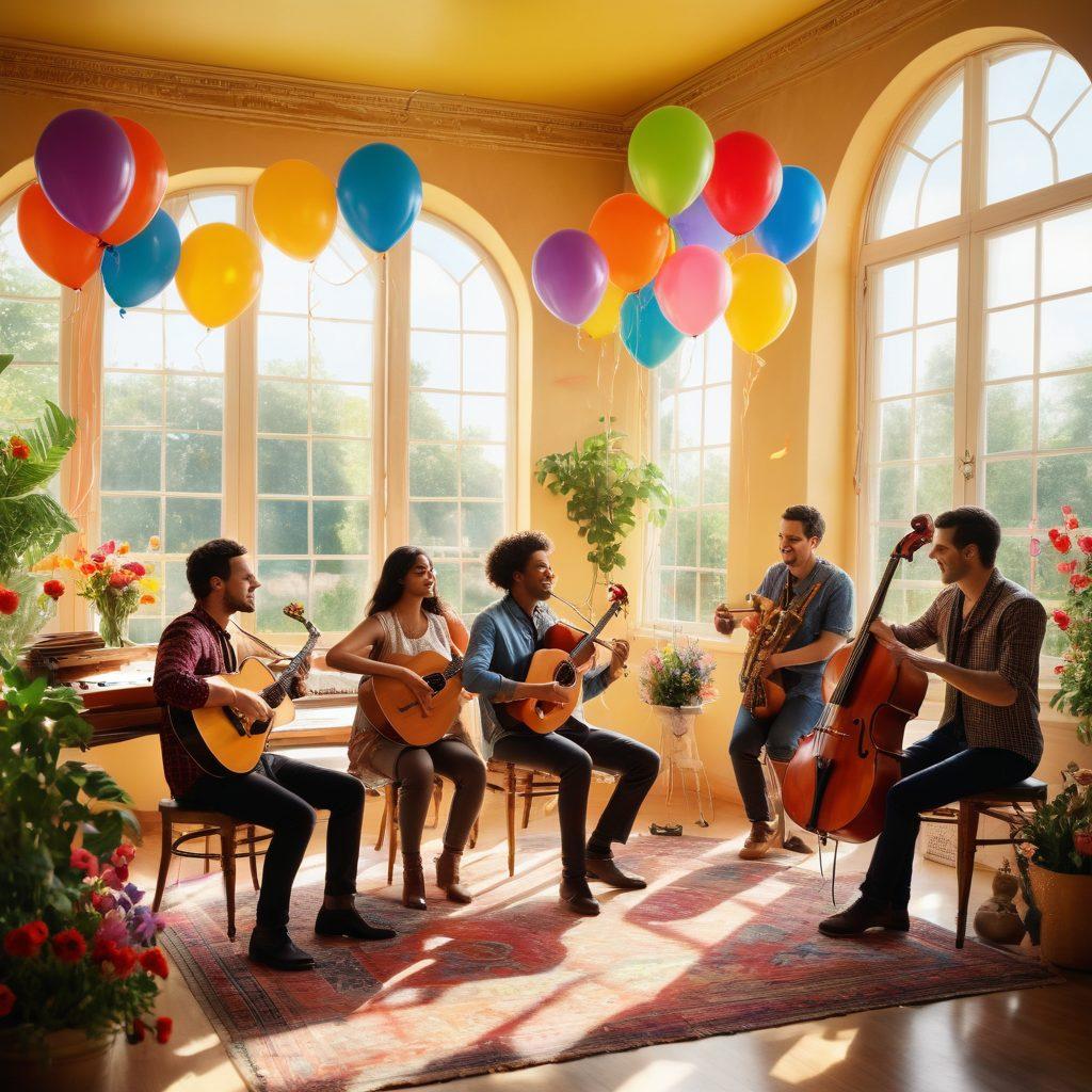A vibrant and colorful scene depicting a diverse group of musicians joyfully composing music together in a sunlit studio filled with musical notes and instruments. The atmosphere is alive with creativity, featuring balloons and flowers symbolizing joy. In the background, large windows showcase a beautiful garden, enhancing the feeling of inspiration and happiness. super-realistic. vibrant colors. soft lighting.